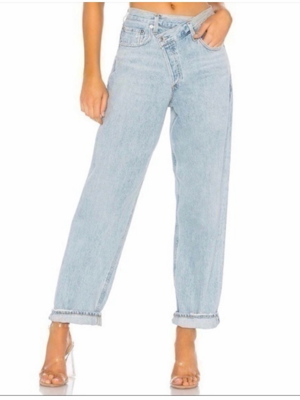 AGolde Light Wash High-Rise Relaxed Fit Criss Cross button fly Women Jeans